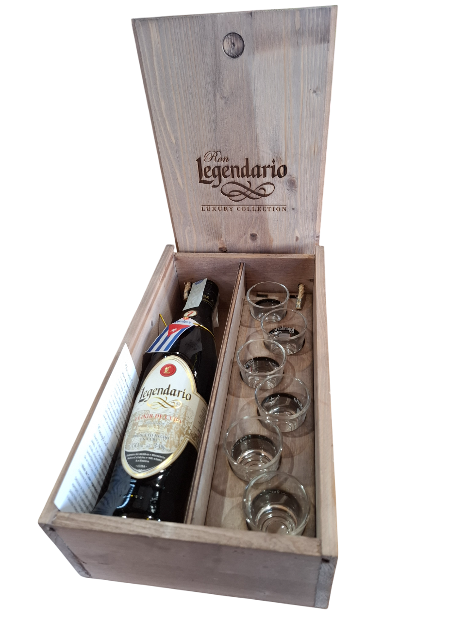 Cassetta di legno con Rum Legendario 7 anni e 6 bicchierini di vetro.