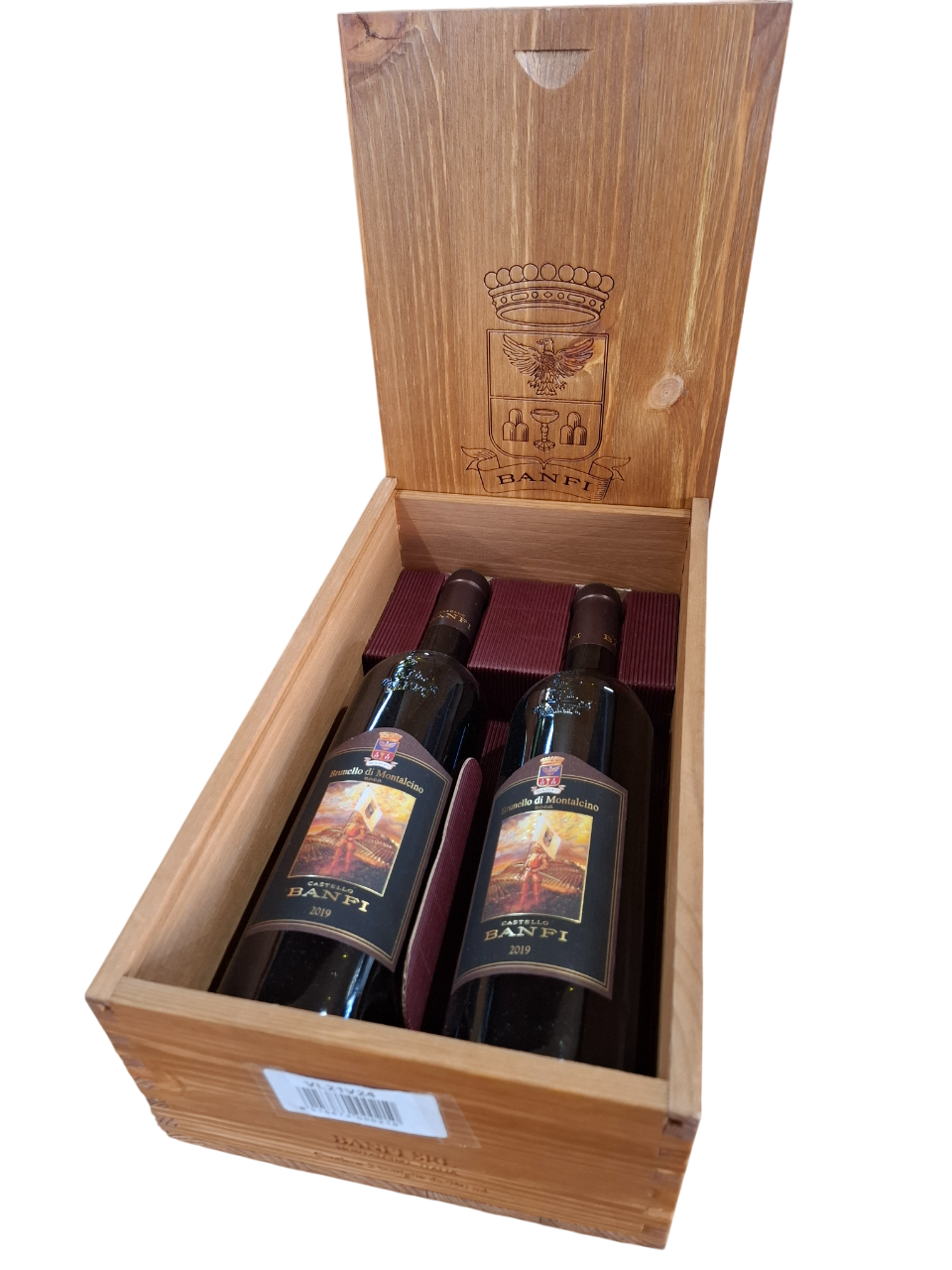 Cassetta di legno con 2 bottiglie di Brunello di Montalcino Banfi