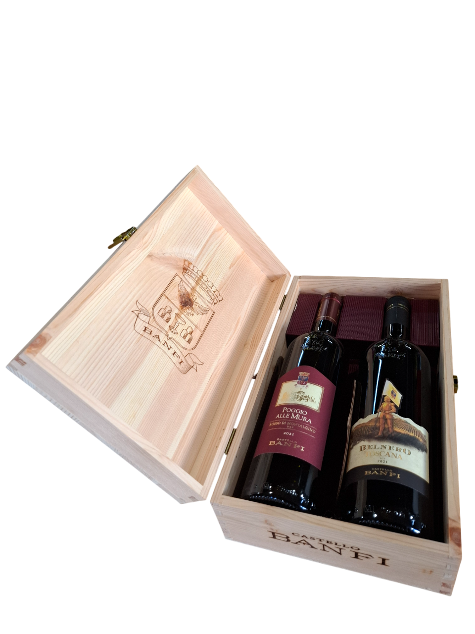 Cassetta di legno con 2 bottiglie di vino rosso Banfi