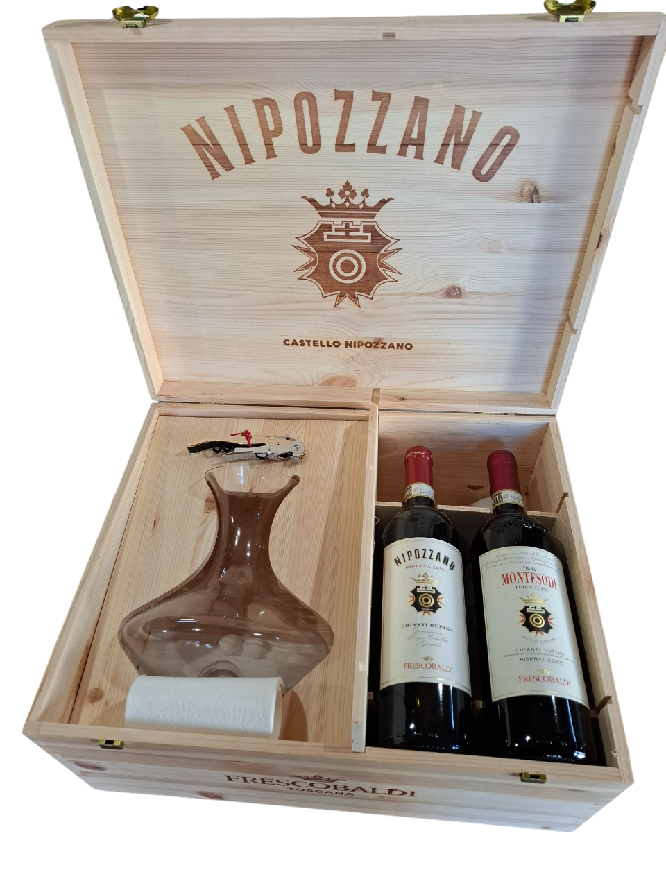 Cassetta di legno con 4 bottiglie di vino rosso e un decanter e un cavatappi Frescobaldi
