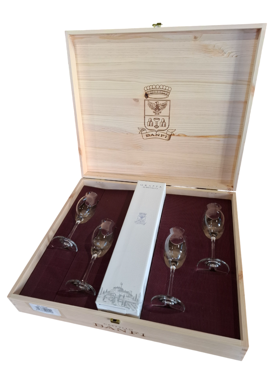 Cassetta di legno con 1 bottiglia di grappa di Brunello Banfi più 4 calici di vetro.