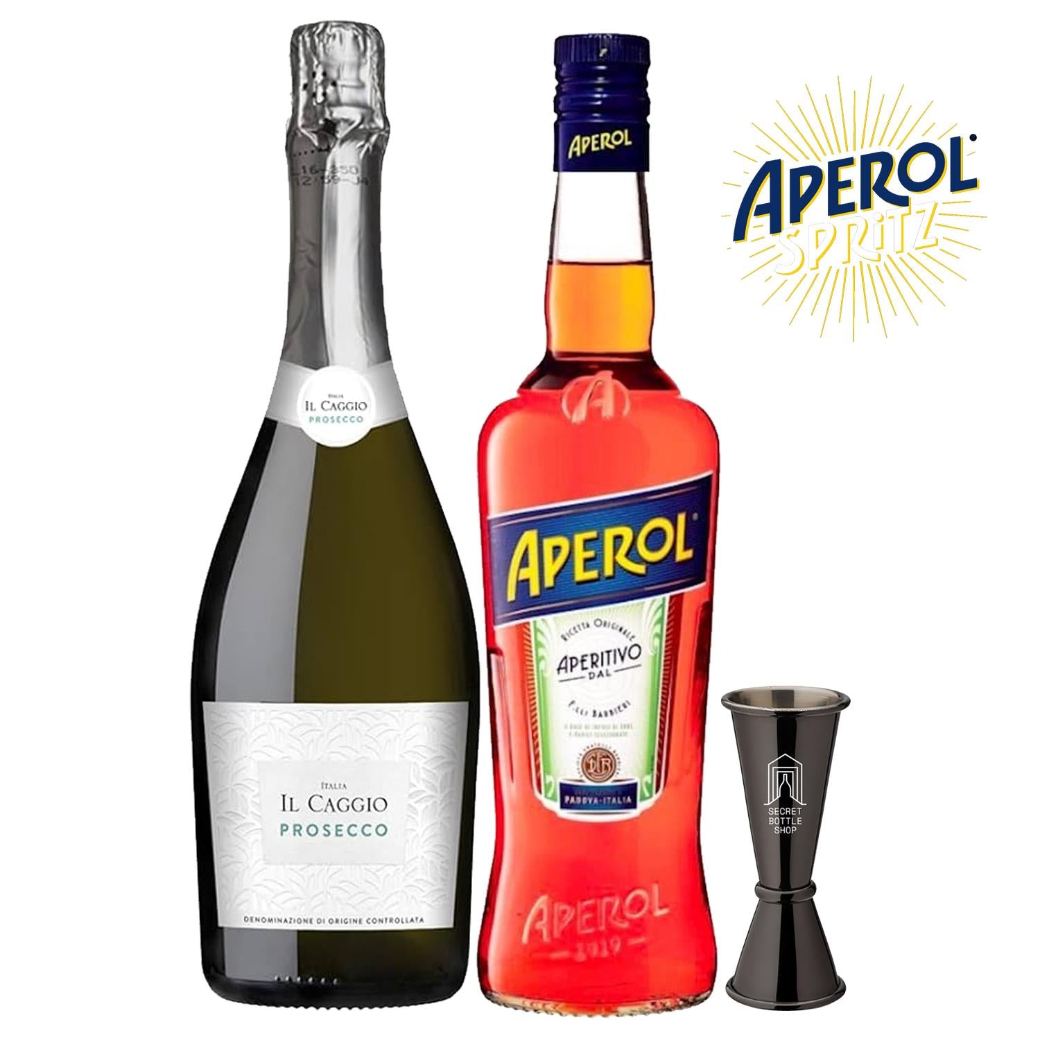 Aperol Spritz Cocktail Set - 1 x 70cl bottle of Aperol, 1 x 75cl bottle of Prosecco, 1 x Secret Bottle Jigger