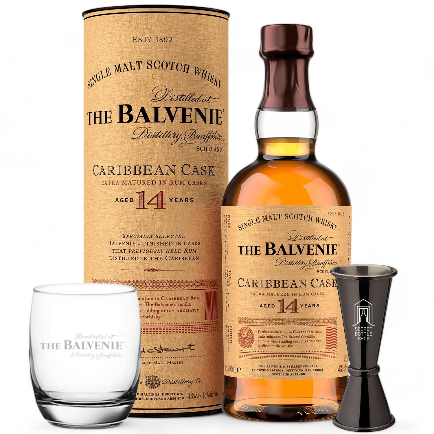 Balvenie 14 Year Old Caribbean Cask Whisky & Branded Whisky Glass & Jigger 70cl