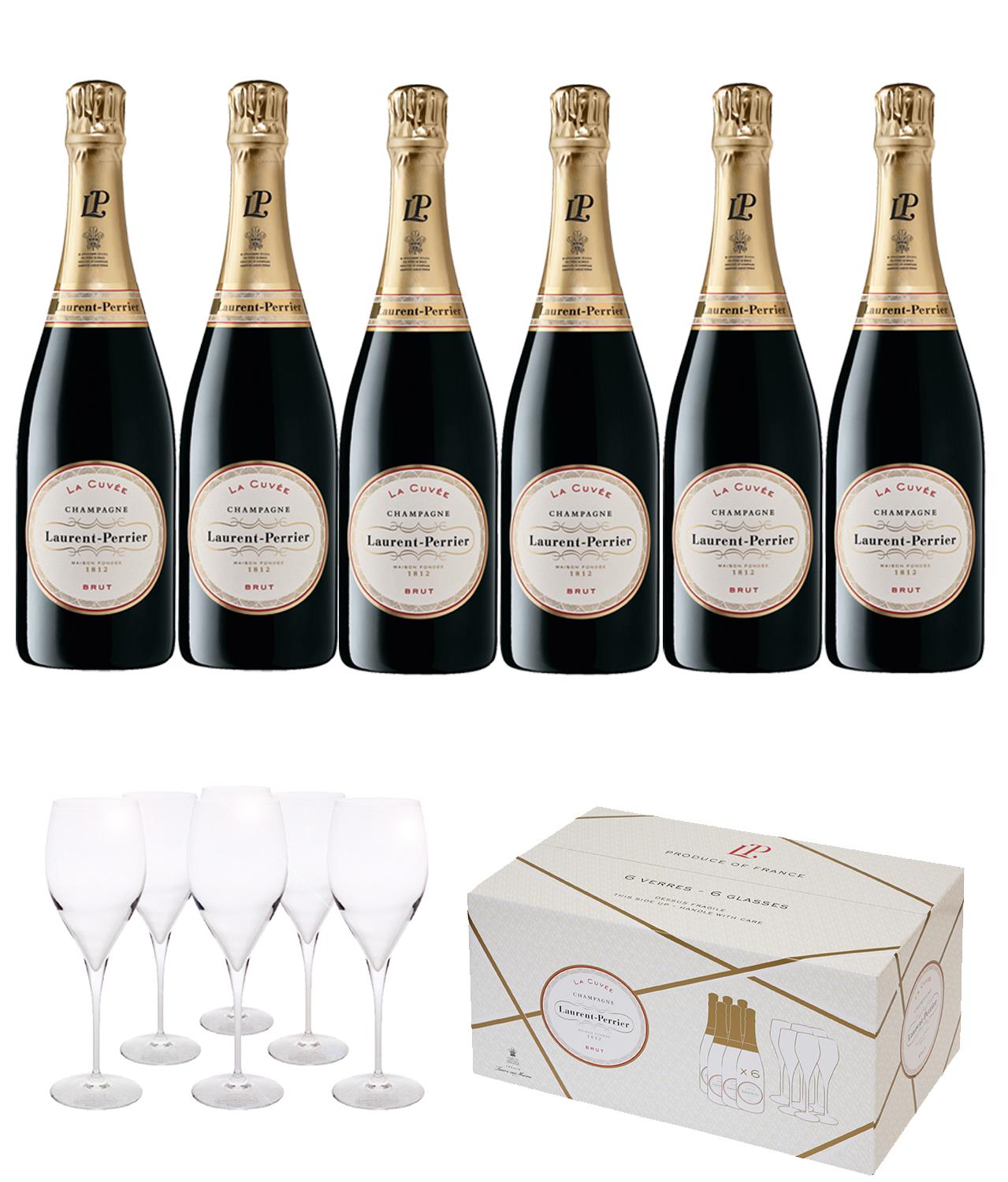 Laurent-Perrier Champagne Party Pack - 6 x 75cl Bottles & 6 LP Champagne Flutes
